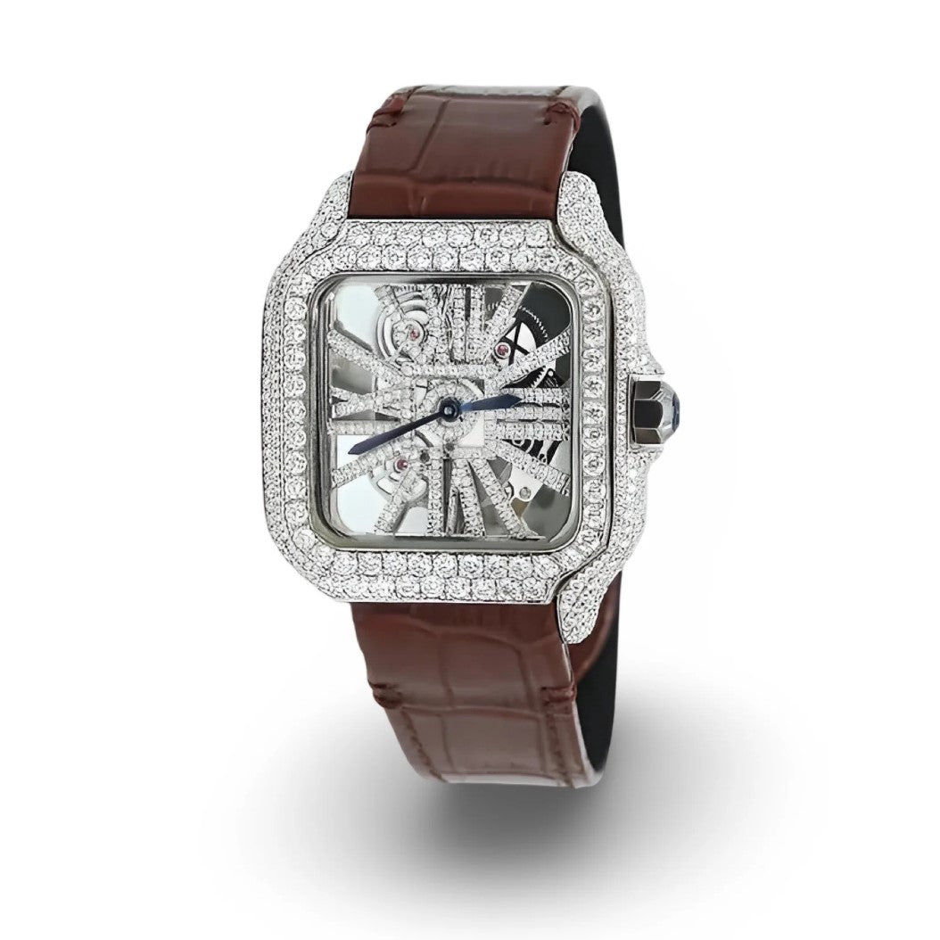 HI Skeleton Leather Strap Moissanite Watch