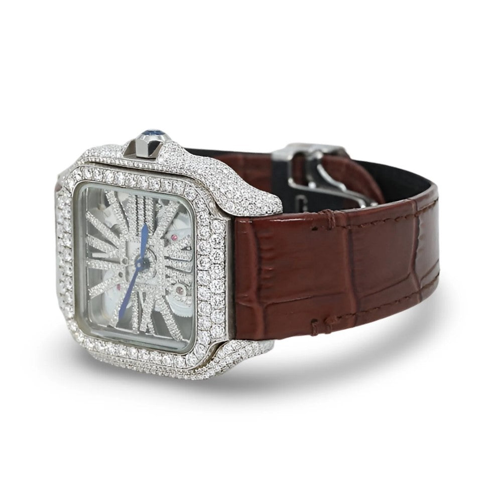 HI Skeleton Leather Strap Moissanite Watch