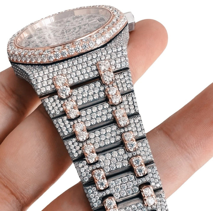 HI Two Tone Rose Gold Skeleton Moissanite Watch